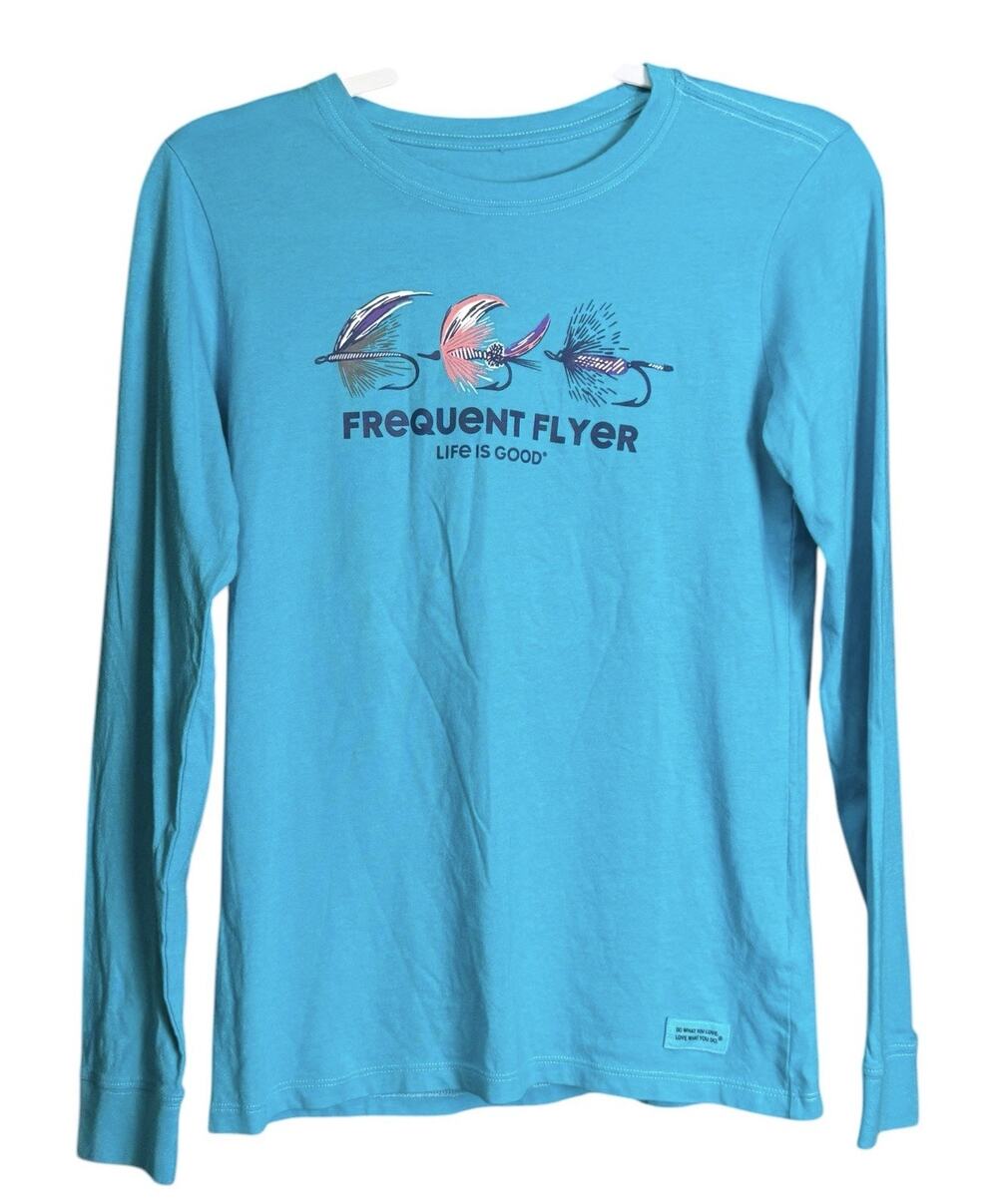 Life Is Good Womens Frequent Flyer Long Sleeve Tee Blue Fly Fishing Graphic XS